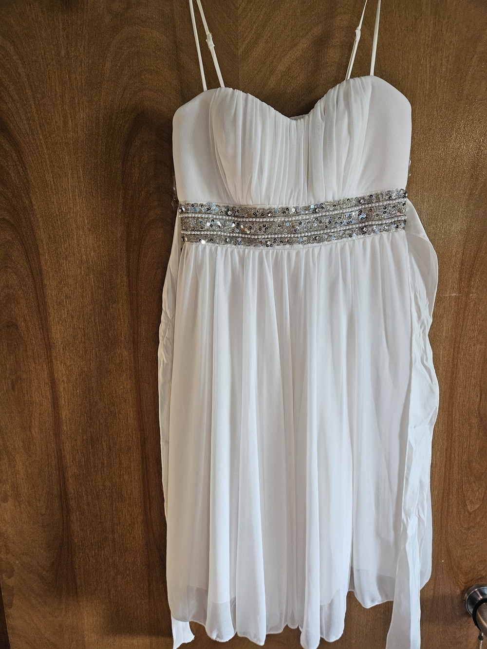 Studio Y White Beaded Empire Waist Spaghetti Strap Wedding Dress